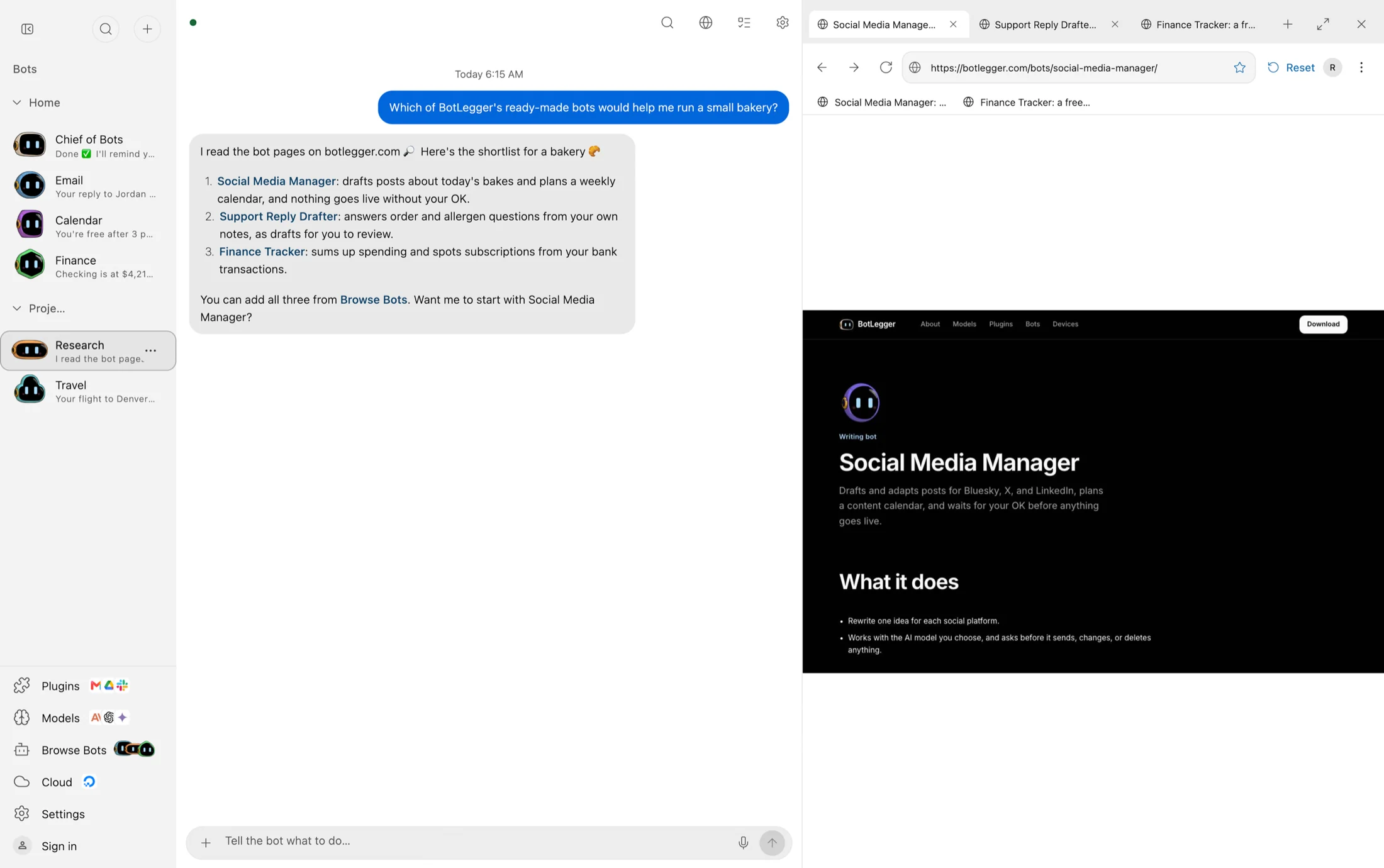 The BotLegger desktop app with the bot browser open in a panel beside a bot's chat, showing a web page in one of the bot's tabs.